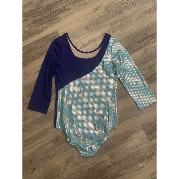 Rainbeau Girls' Moves Blocked Asymmetrical 3/4 Sleeve Leotard Blue Teal Mermaid - Picture 3 of 4